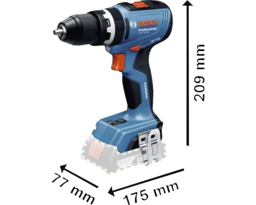 Visseuse-perceuse sans fil Bosch Professional avec des dimensions de 209 mm de hauteur, 175 mm de longueur et 77 mm de largeur.