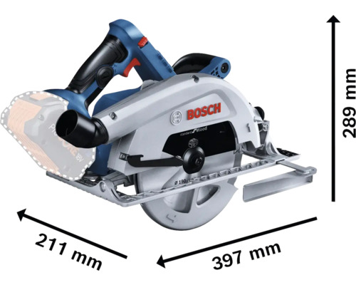 Bosch Logo Kreissäge mit den Abmessungen 211 mm, 289 mm und 397 mm