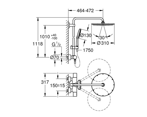 Technische Zeichnung eines Duschsystems mit Maßangaben