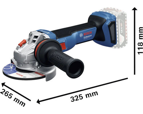 Meuleuse d'angle sans fil Bosch avec des dimensions de 265 mm, 325 mm et 118 mm