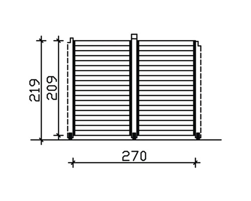 Technische Zeichnung einer Holzwand mit den Maßen 219 Zentimeter Höhe und 270 Zentimeter Breite