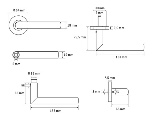 Technische Zeichnung eines Türgriffs mit Maßangaben