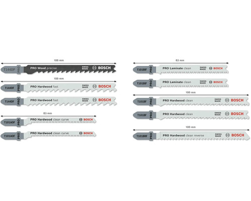 Plusieurs lames de scie sauteuse Bosch pour bois et stratifié de différentes tailles