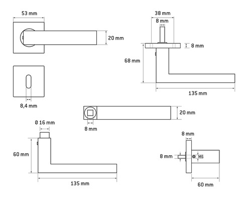 Technische Zeichnung eines Türgriffs mit Maßangaben