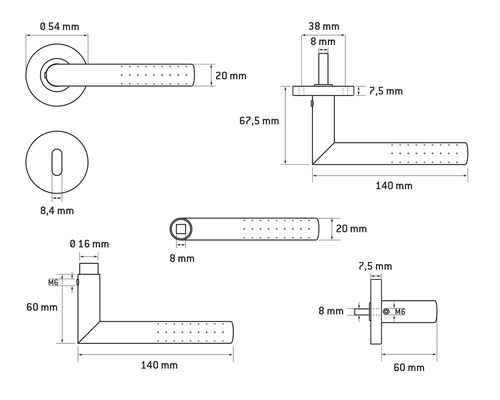 Schéma technique d''une poignée de porte avec dimensions