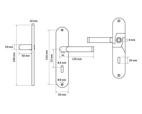 Dessin technique d''une poignée de porte avec indications de mesure