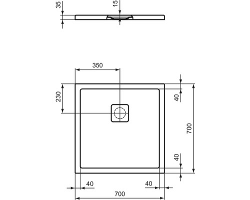 Technische Zeichnung einer Duschwanne mit Maßangaben