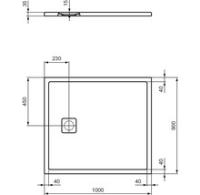 Schéma technique d''un receveur de douche avec des dimensions de 1000 x 900 mm.