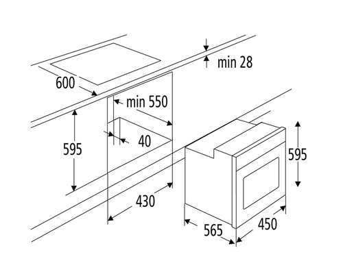 Schéma avec les dimensions d''installation d''une plaque de cuisson et d''un four