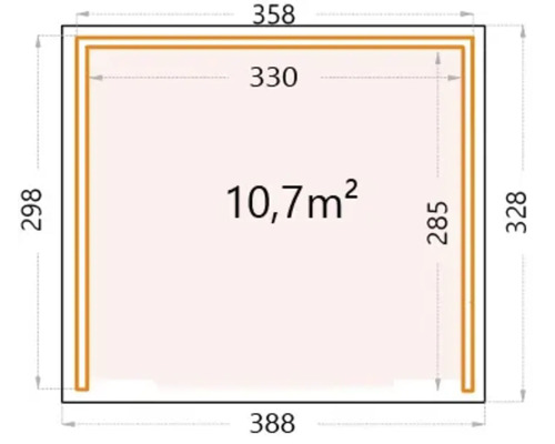 Plan avec dimensions d''une maison de jardin: 388 centimètres de large, 328 centimètres de profondeur et 10,7 mètres carrés de surface