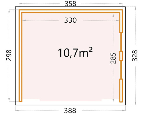 Plan avec dimensions et une surface de 10,7 mètres carrés
