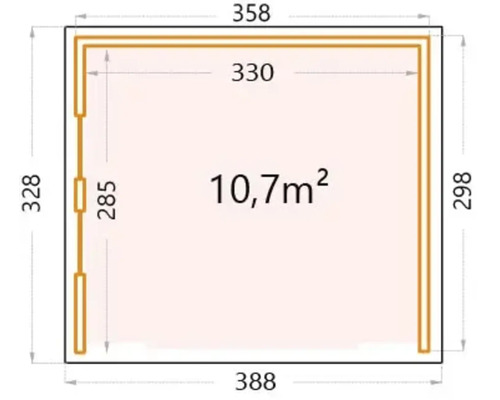 Plan avec dimensions et une superficie de 10,7 mètres carrés