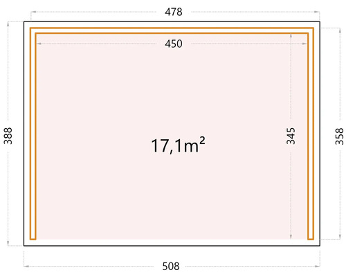 Plan avec dimensions : 478 cm de large, 388 cm de profondeur et 17,1 mètres carrés de surface.