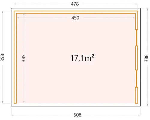 Plan d''un abri de jardin mesurant 508 x 478 cm, avec une surface de 17,1 m².
