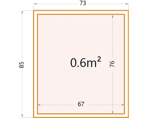 Quadratische Flächenberechnung mit einer Fläche von 0,6 Quadratmetern und Seitenlängen von 67 bis 85.