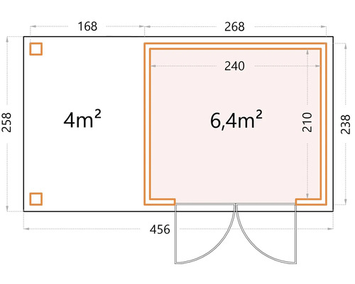 Plan d''un abri de jardin mesurant 258 sur 168 centimètres et 238 sur 268 centimètres