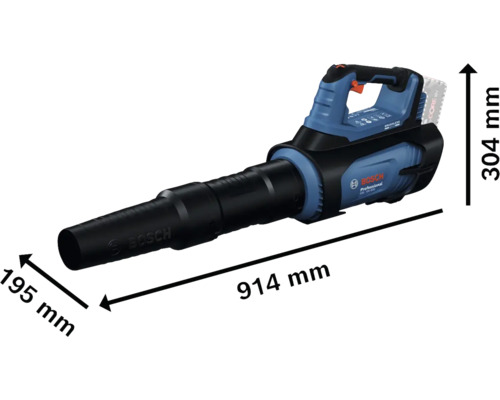 Akku Laubbläser mit den Maßen 914 Millimeter Länge, 195 Millimeter Breite und 304 Millimeter Höhe