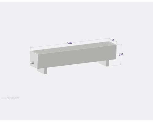 Radiateur avec des dimensions de 1400 x 230 x 330 millimètres.