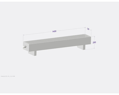 Banc gris avec des dimensions de 1400 x 230 x 250 millimètres.