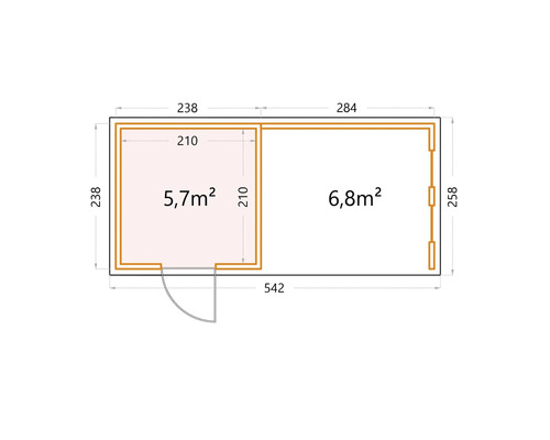 Grundriss eines Gartenhauses mit zwei Räumen und den Maßen 5,7 Quadratmeter und 6,8 Quadratmeter