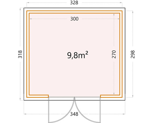 Plan d''un abri de jardin avec des dimensions de 328 x 298 cm et une surface de 9,8 mètres carrés
