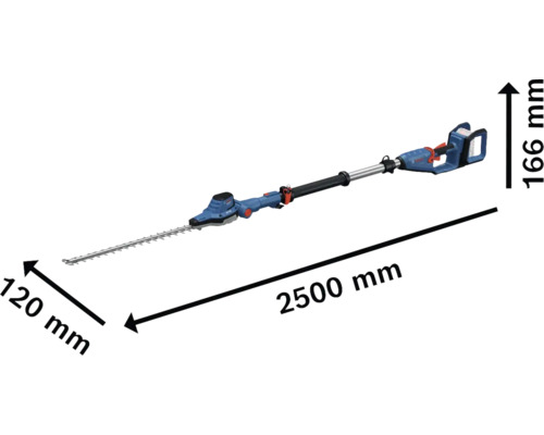Image d'un taille-haie mesurant 2500 mm de long, 120 mm de large et 166 mm de haut.
