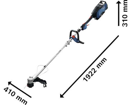 Akkutrimmer mit den Maßen 1922 mm Länge, 410 mm Breite und 310 mm Höhe.