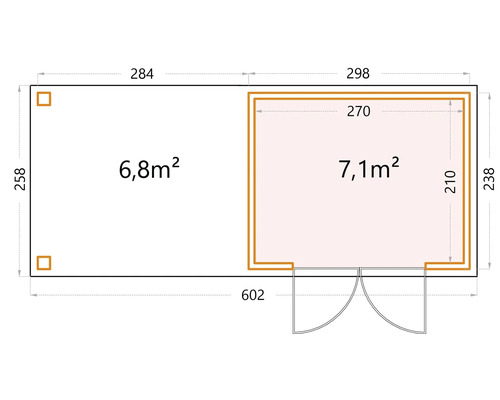 Grundrisszeichnung mit Maßangaben eines Gartenhauses