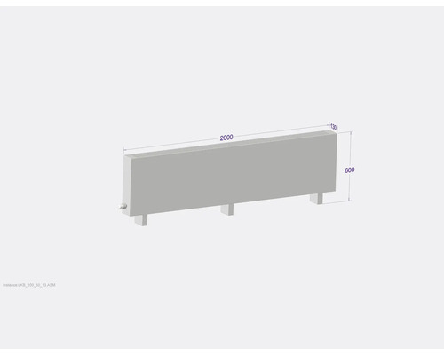 Heizkörper mit Maßangaben: 2000 mm Länge, 600 mm Höhe und 130 mm Tiefe.