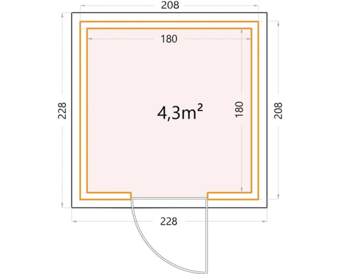 Plan d''un abri de jardin mesurant 208 x 228 centimètres et d''une superficie de 4,3 mètres carrés