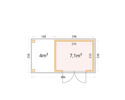Plan d''un abri de jardin avec les indications de surface de 4 mètres carrés et 7,1 mètres carrés ainsi que les indications de dimensions en centimètres