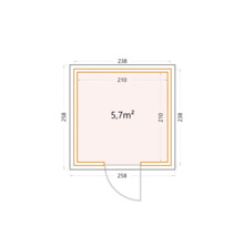 Plan d''un abri de jardin avec des dimensions de 238 sur 238 et 258 sur 258 centimètres