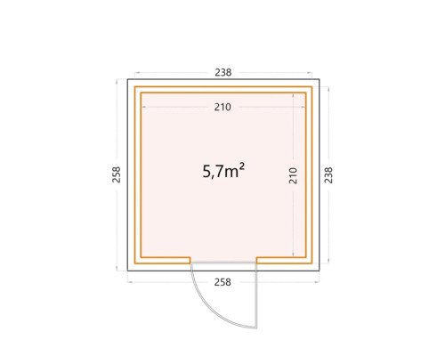 Plan d''un abri de jardin avec des dimensions de 238 sur 238 et 258 sur 258 centimètres