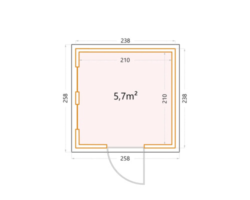 Grundrisszeichnung eines Gartenhauses mit den Maßen 238 mal 258 Zentimeter und einer Fläche von 5,7 Quadratmetern