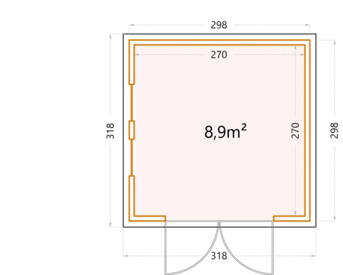 Plan d''un abri de jardin avec dimensions en centimètres et surface en mètres carrés