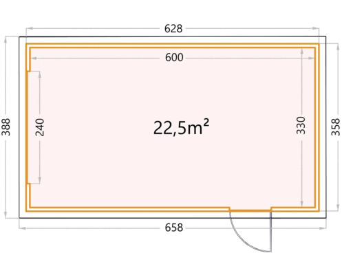 Plan d''un abri de jardin mesurant 628 x 658 x 388 cm avec une superficie de 22,5 mètres carrés