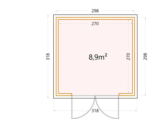 Plan d''un abri de jardin mesurant 298 centimètres sur 318 centimètres avec une superficie de 8,9 mètres carrés