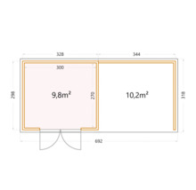 Gartenhaus Classico 3330 inkl. Lounge 3330 rechts mit Seitendach, Rück- und Seitenwand 691 x 318 cm weiß