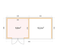 Gartenhaus Classico 3330 inkl. Lounge 3330 rechts mit Seitendach, Rück- und Seitenwand 691 x 318 cm lichtgrau