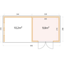 Gartenhaus Classico 3330 inkl. Lounge 3330 links mit Seitendach, Rück- und Seitenwand inkl. Fenster 691 x 318 cm weiß