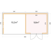 Gartenhaus Classico 3330 inkl. Lounge 3330 links mit Seitendach, Rück- und Seitenwand inkl. Fenster 691 x 318 cm granitgrau