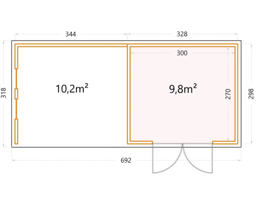 Plan d''un abri de jardin mesurant 692 x 318 cm et d''une superficie de 10,2 m² et 9,8 m².