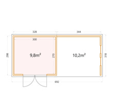 Gartenhaus Classico 3330 inkl. Lounge 3330 rechts mit Seitendach, Rück- und Seitenwand inkl. Fenster 691 x 318 cm lichtgrau
