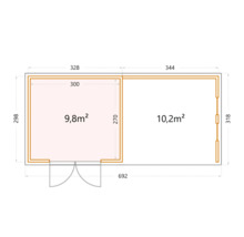 Gartenhaus Classico 3330 inkl. Lounge 3330 rechts mit Seitendach, Rück- und Seitenwand inkl. Fenster 691 x 318 cm granitgrau