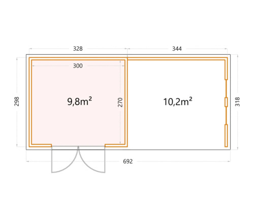 Grundriss eines Gartenhauses mit Maßangaben