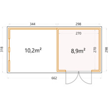 Gartenhaus Classico 3030 inkl. Lounge 3330 links mit Seitendach, Rück- und Seitenwand inkl. Fenster 662 x 318 cm granitgrau