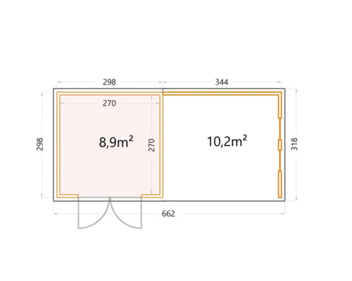 Grundriss eines Gartenhauses mit Flächenangaben in Quadratmetern