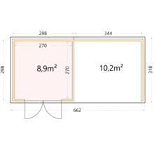 Gartenhaus Classico 3030 inkl. Lounge 3330 rechts mit Seitendach, Rück- und Seitenwand 662 x 318 cm weiß