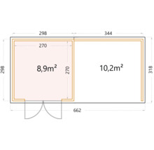 Gartenhaus Classico 3030 inkl. Lounge 3330 rechts mit Seitendach, Rück- und Seitenwand 662 x 318 cm lichtgrau