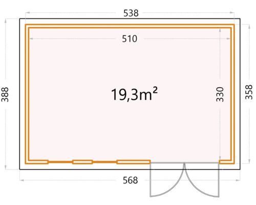 Grundriss eines Gartenhauses mit Abmessungen und einer Fläche von 19,3 Quadratmetern